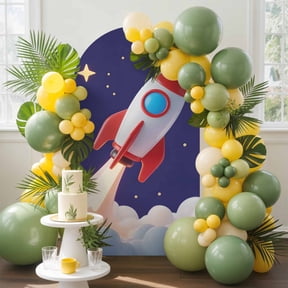 Cartoon Rocket Arch Backdrop Cover, 5FT, Cloud Space Stars Cute Planet Classic Spandex Arch Covers Double-Sided Backdrop for Wedding Birthday Party Photo Background Decoration