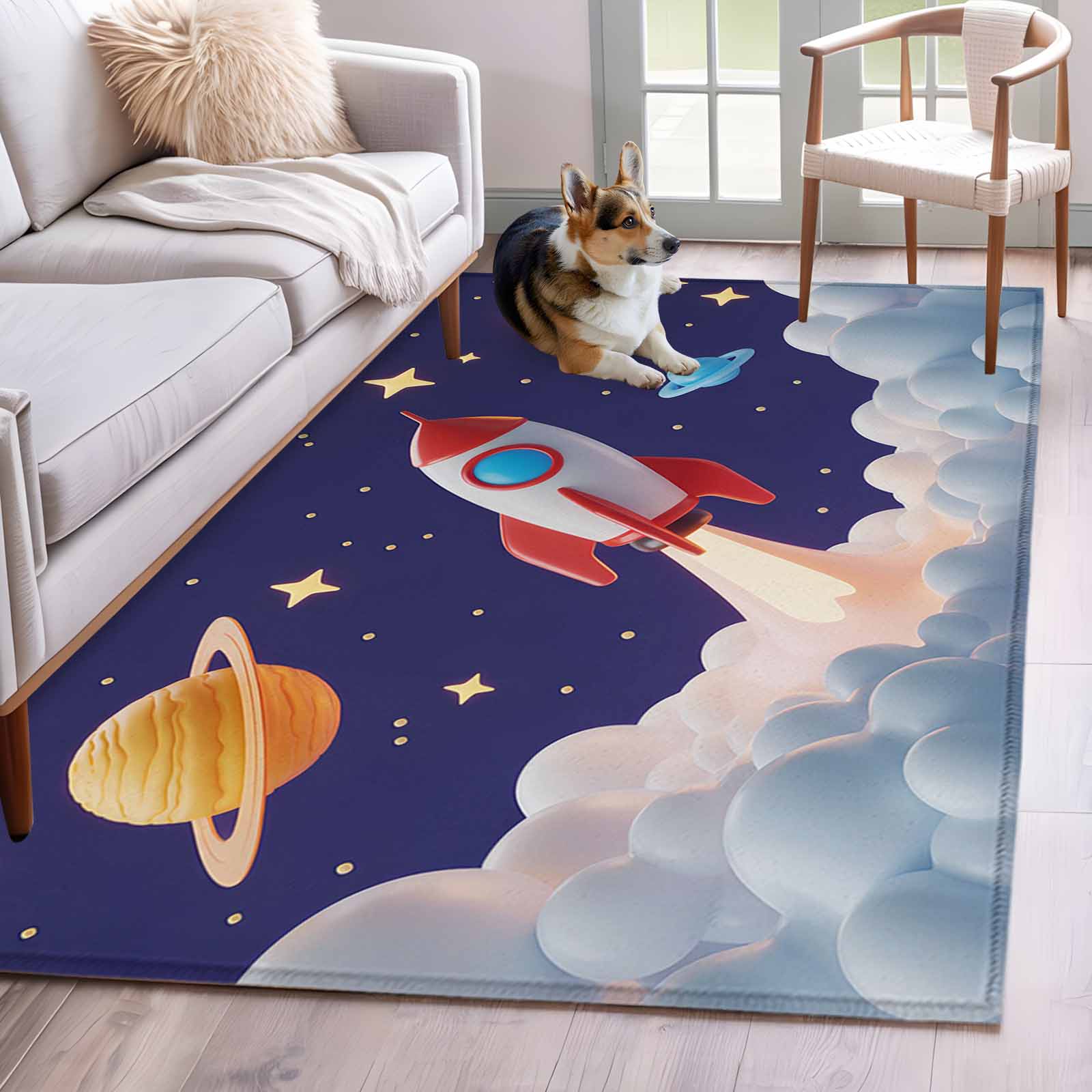 Rocket Circular Rug Cartoon Rocket Area Rugs 4x6 ft Cloud Space Stars Cute Planet Classic ...