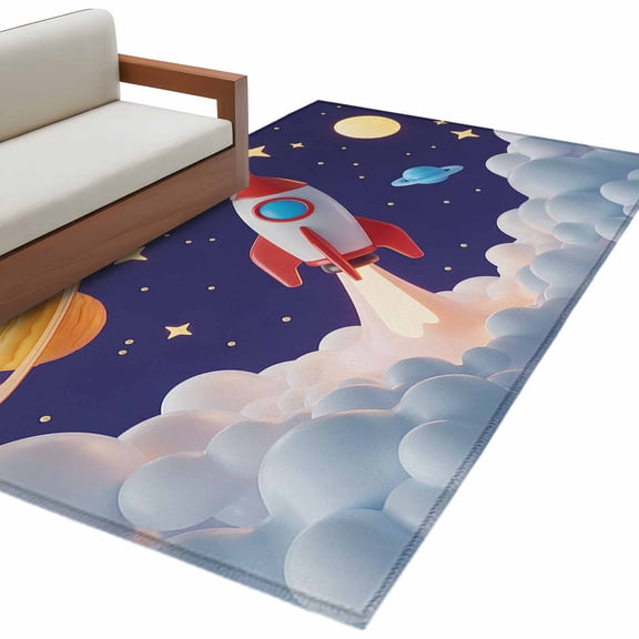 Cartoon Rocket Area&nbsp;Rug 4x6ft Cloud Space Stars Cute Planet Classic Non-Slip&nbsp;Washable Square&nbsp;Rugs Soft Felt Indoor Floor Mat for Bedroom Kitchen Living Room Bathroom