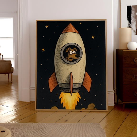 Cartoon Rocket Art Print, Whimsical Space Nursery Decor ( Home Decor #2603, Unframed Poster Size 8x12