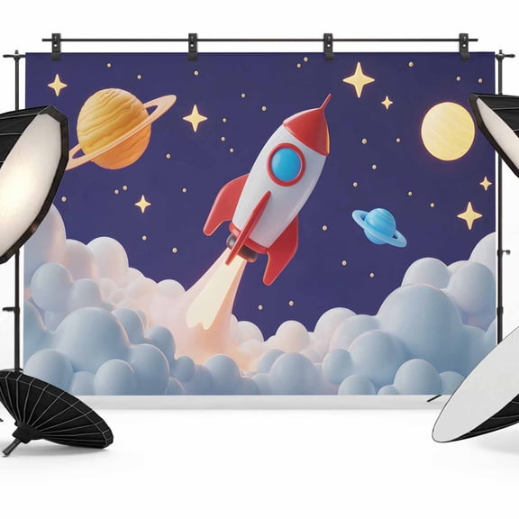Cartoon Rocket Backdrop for Photoshoot,Photography Photo Studio Background Wall Backdrop,Funny Space Planet Blue Starry Sky Cloudy Back Drop Banner Panel for Portraits Wedding Live Streaming 8x6Ft