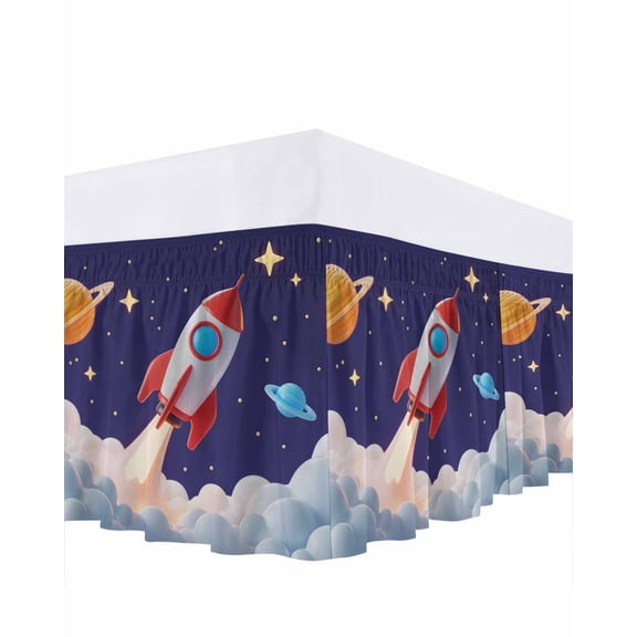Cartoon Rocket Bed Skirt California King Size 18" Drop Cloud Space Stars Cute Planet Classic Ruffled Wrap Around Bed Skirts Adjustable Elastic Bedskirt Dust Ruffle for California King Size Bed