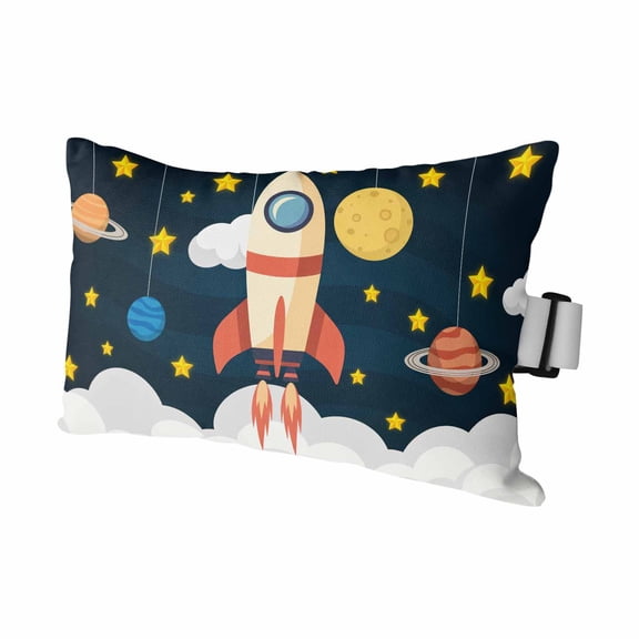 Cartoon Rocket Colorful Planet Outdoor Pillow for Chaise Lounge Chair,Cute Yellow Star Waterproof Headrest Lumbar Pillows with Insert&Elastic Strap for Patio Pool Garden Chairs Decor,1 Pack