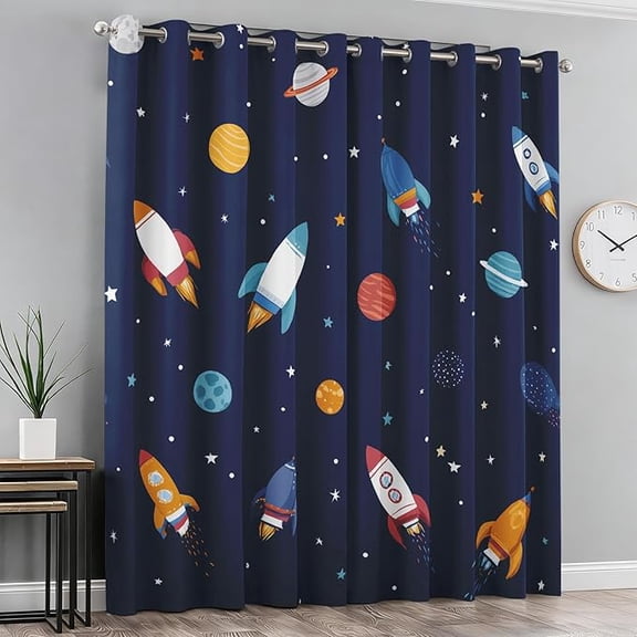 Cartoon Rocket Curtains for Living Room - Outer Space Blackout Curtains, Universe Planet Bedroom Decor, Thermal Insulated Grommet Drapes 26"W x 45"L (Pack of 2)
