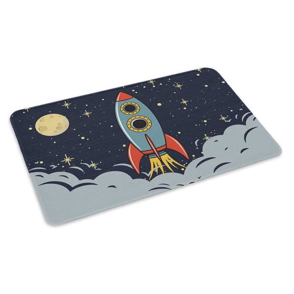 Cartoon Rocket Doormat Moon Stars Night Cute Interesting Pattern Non Slip Low Profile Rubber Door Mat Washable Absorbent Indoor Front Door Mat Entryway Rug Entrance Carpet 16x24 Inch