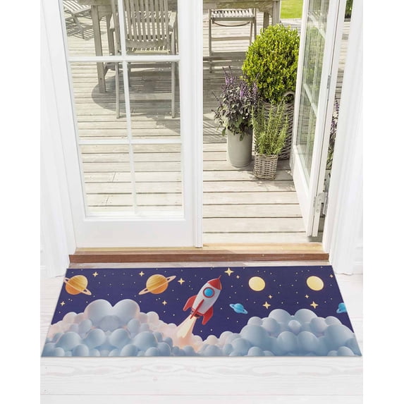 Cartoon Rocket Front Door Mat Cloud Space Stars Cute Planet Classic ...