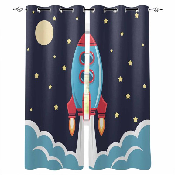 Cartoon Rocket Kitchen Curtains Chic Cute Funny Stars Moon Sky Clouds Cafe Short Curtains for Bathroom Blackout Window Curtain Small Window Treatment Drapes for Bedroom Living Room 27.5"x39"x2