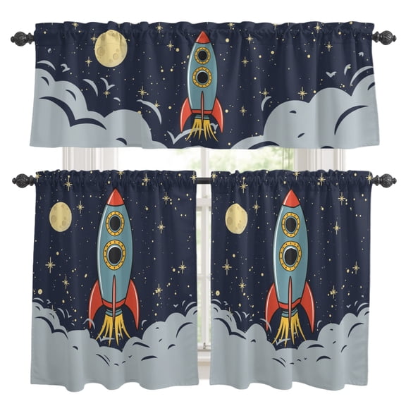 Cartoon Rocket Kitchen Curtains Set for Windows, Moon Stars Night Cute Interesting Pattern Curtains Valance and Tier 3 Piece Set Small Drapes 36 Inch Length for Kitchen Bedroom Decor