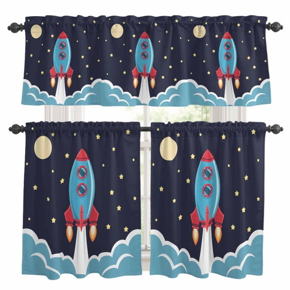 Cartoon Rocket Kitchen Curtains Sets for Windows 24 Inch Length, Chic Cute Funny Stars Moon Sky Clouds Rod Pocket Window Treatments Tier Curtains and Valances Set for Bedroom/Bathroom