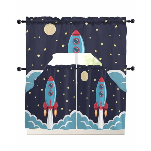 Cartoon Rocket Kitchen Curtains Swag Valance and Tier Curtains Set 24 Inch Length, Chic Cute Funny Stars Moon Sky Clouds Rod Pocket Drape Panels Pair Swag Curtain for Bathroom/Cafe/Window