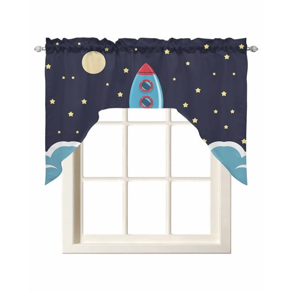 Cartoon Rocket Kitchen Curtains Swag Valance for Windows/Bathroom/Cafe, Chic Cute Funny Stars Moon Sky Clouds Rod Pocket Drape Panel Swag Curtain Valance for Bedroom/Living Room 55''x36''