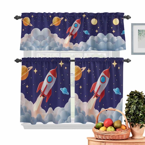 Cartoon Rocket Kitchen Curtains Valances 3 Piece Set, Cloud Space Stars Cute Planet Classic Rod Pocket Tier Curtain and Valance Drapes for Small Window 24 Inch Length for Bedroom Cafe