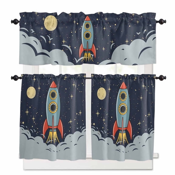 Cartoon Rocket Kitchen Curtains Valances and Tiers Moon Stars Night Cute Interesting Pattern Tier Curtains and Valance Rod Pocket Valance Curtains Set 27.5"W x 24"L, 3pcs