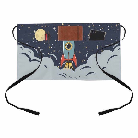 Cartoon Rocket Kitchen Restaurant Half Waist Apron, Moon Stars Night Cute Interesting Pattern Server Short Apron with 3 Pockets Waterproof Oil Waist Aprons for Women Waitress Waiter