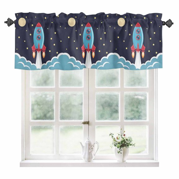 Cartoon Rocket Kitchen Valances for Windows 60x18 Inch Kitchen Curtains Valances Rod Pocket Chic Cute Funny Stars Moon Sky Clouds Bathroom Window Valances for Window Treatment Decor