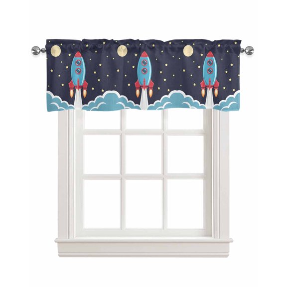 Cartoon Rocket Kitchen Valances for Windows Farmhouse Linen Window Valance Curtain for Living Room Window Treatment Chic Cute Funny Stars Moon Sky Clouds Valance Rod Pocket Topper Drape, 54 x 18 Inch