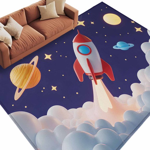 Cartoon Rocket Large Area Rugs for Bedroom Living Room, Soft Non Slip Carpet Bedside Rug, Funny Space Planet Blue Starry Sky Cloudy Rectangular Floor Cover Kitchen Accent Rug 6'x9' for Office