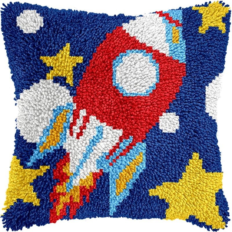 Cartoon Rocket Latch Hook Pillows Kits Cushion Pillow Cover with Pattern Printed Canvas Sofa Hooking Pillowcase Crafts Embroidery Latch Hooking Crochet Kits Set 17x17 inch(1)