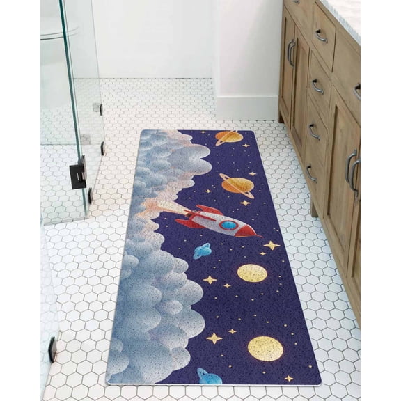 Cartoon Rocket Non-Slip Bathtub Mat, Cloud Space Stars Cute Planet Classic PVC Bath Mat for Tub Quick Drying Shower Mats for Inside Shower, Foot Scrubber Loofah Bathroom Mats 47x16 Inches