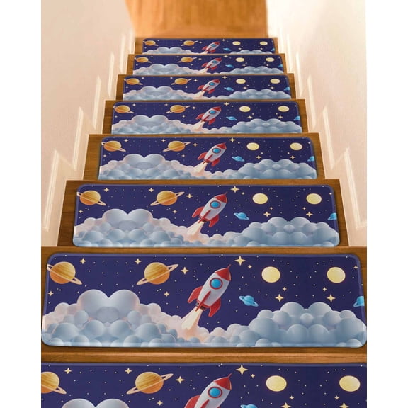 Cartoon Rocket Non-Slip Stair Treads for Wooden Steps, 4 Pack-8x30in Carpet Stair Mats with Adhesive Backing, Noise-Reducing Step Covers for Indoor Stairs, Easy to Install & Residue-Free