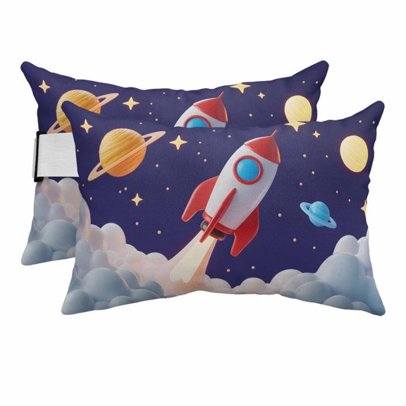 Cartoon Rocket Outdoor Chaise Lounge Pillows Cloud Space Stars Cute Planet Classic Lumbar Pillows with Insert Adjustable Elastic Strap Headrest Pillow for Recliner Patio Chair 2 Pack 11x16 Inch