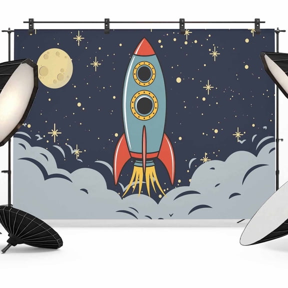 Cartoon Rocket Photography Backdrop 7x5FT, Moon Stars Night Cute Interesting Pattern Photo Backdrops, Background for Photography Studio Photo Studio Background, Back Drop for Photoshoot