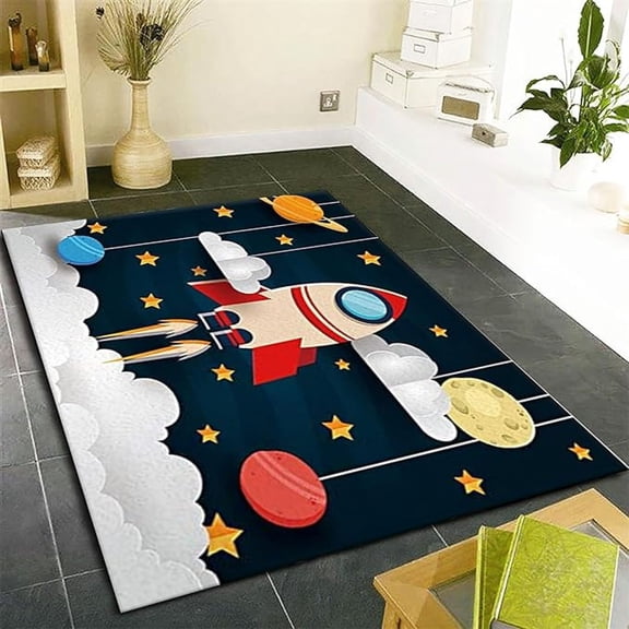 Cartoon Rocket Planet Area Rug, Cartoon Space Universe Exploration Bedroom Carpet, Indoor Non-Slip Children's Room Rug, Machine Washable Rug For Bed Dining Room Living Room 5x7ft