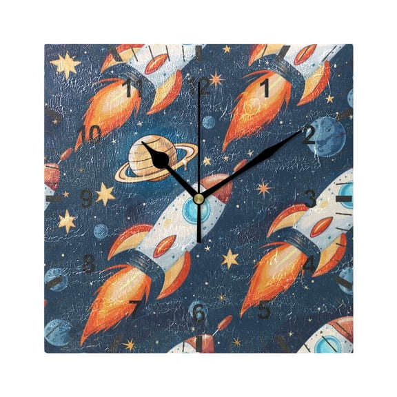 Cartoon Rocket Planet Star Wall Clock Battery Operated Silent Non-Ticking Bedroom Office Kitchen Home School Decor 7.8"(Black)
