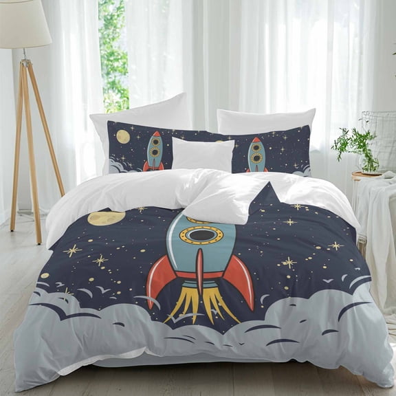 Cartoon Rocket Queen Size Comforter Set, Moon Stars Night Cute Interesting Pattern Bedding for All Seasons, 4 Pcs Bed Set, 1Quiltcover (90"x92") ,1Sheet(94"x116"), 2Pillowcases (30"x20")