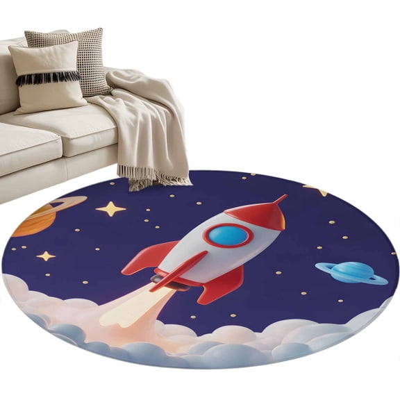 Cartoon Rocket Round Area&nbsp;Rug 3ft Cloud Space Stars Cute Planet Classic Non-Slip&nbsp;Washable Circle Rugs Soft Felt Indoor Floor Mat for Bedroom Kitchen Living Room Bathroom