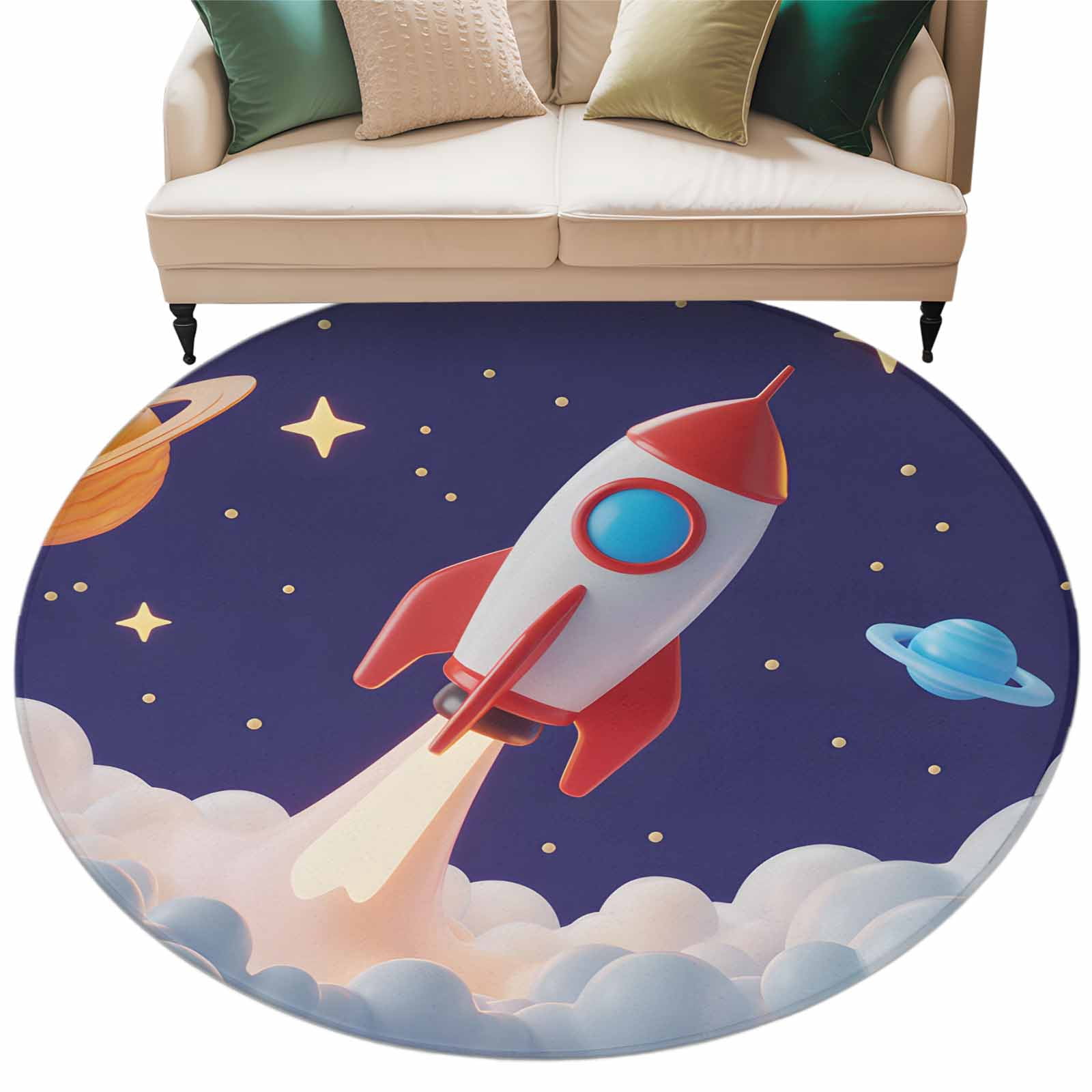 Rocket Circular Rug Cartoon Rocket Round Area Rug 5ft Cloud Space Stars Cute Planet Classic ...