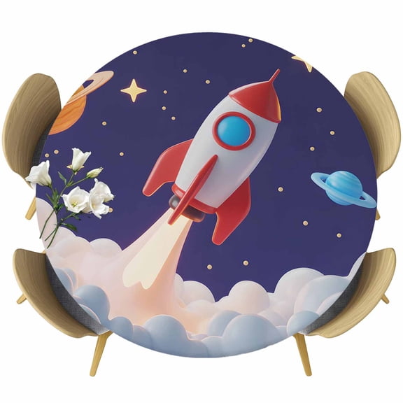 Cartoon Rocket Round Tablecloth, Fitted Table Cover with Elastic for 36"-44" Round Tables, Funny Space Planet Blue Starry Sky Cloudy Table Cloth Outdoor Indoor Dinning Party Waterproof Tablecloths