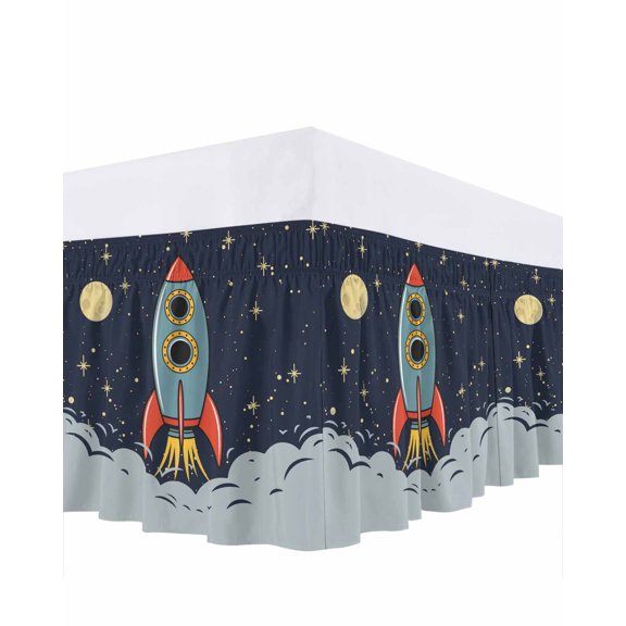 Cartoon Rocket Ruffle Bed Skirt Queen Size Moon Stars Night Cute Interesting Pattern Adjustable Elastic Dust Bed Skirts Wrap Around Bedskirt Wrinkle Free Easy Fit with 16 Inch Drop