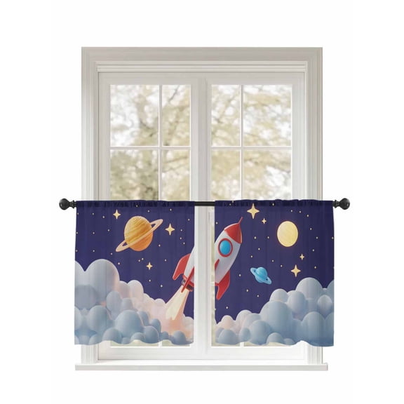 Cartoon Rocket Sheer Curtains 2 Panels Set Cloud Space Stars Cute Planet Classic Lihgt Filtering Rod Pocket Voile Drape, Semi Sheer Window Curtains for Bedroom Living Room, 52"x45"