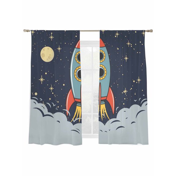Cartoon Rocket Sheer Curtains 2 Panels Set Moon Stars Night Cute Interesting Pattern Sheer Window Curtains Light Filtering Rod Pocket Voile Drapes for Bedroom Living Room 52"x63"