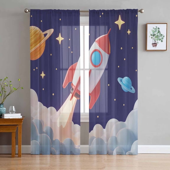 Cartoon Rocket Sheer Curtains 72 Inches Long 2 Panels Set, Window Sheer Curtains for Living Room/Bedroom, Funny Space Planet Blue Starry Sky Cloudy Light Filtering Rod Pocket Curtain 52'' x 72'' x 2