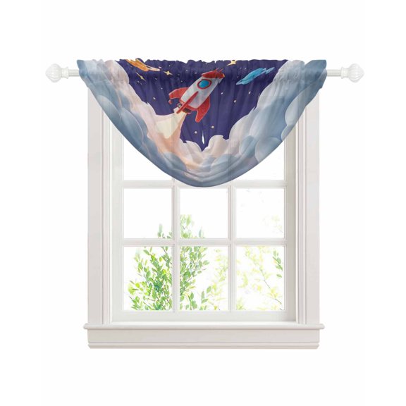 Cartoon Rocket Sheer Waterfall Valance Curtains for Window, Funny Space Planet Blue Starry Sky Cloudy Rod Pocket Sheer Topper Swag Curtains for Living Room, Kitchen 38.5"W x 47.2"L, 1 Panel