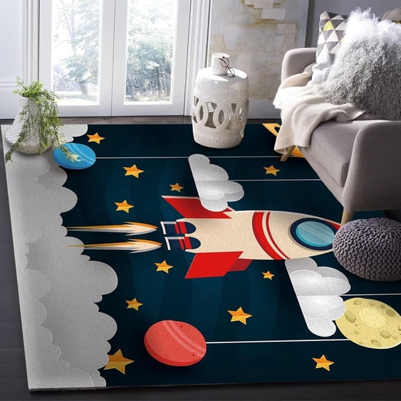 Cartoon Rocket Ship Area Rug Cosmic Planetary Space Station Indoor Non Slip Rugs Print Room Sofa Living Bedroom Home Decor Floor Mats 2x3 Carpet Non-slip Washable Soft Living Room