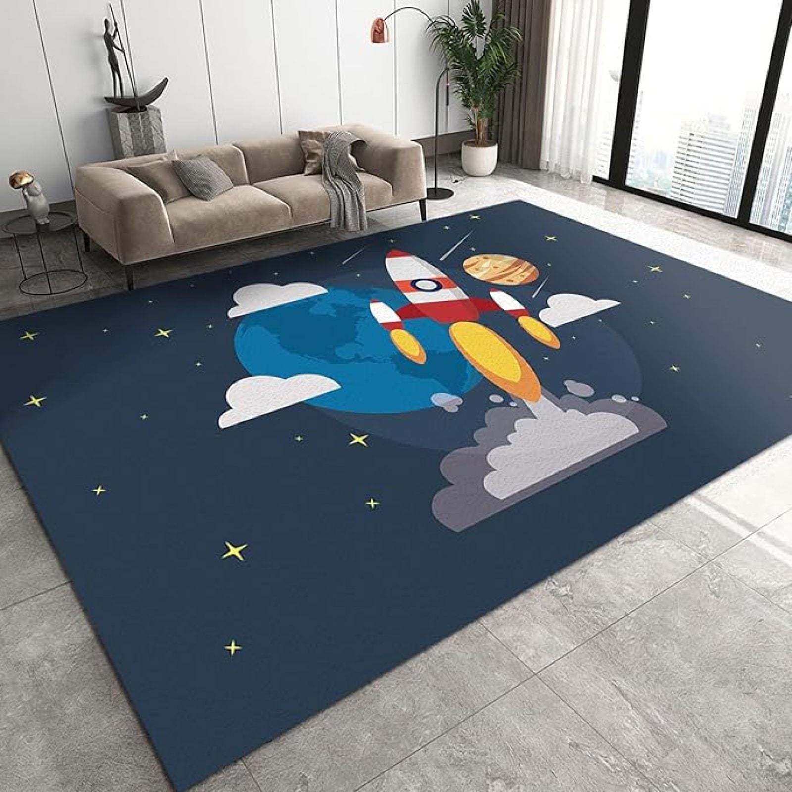 Cartoon Rocket Space Area Rug, Cute Clouds Blue Planet Non Slip Noise ...