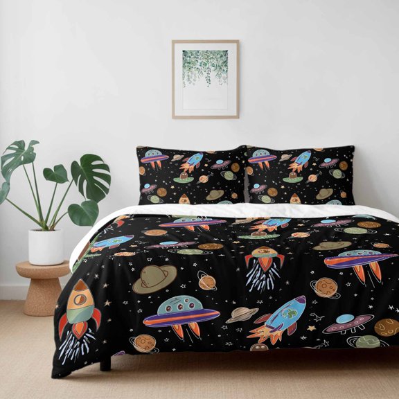 Cartoon Rocket Space Planet California King Size Bed Set,Cute Spaceship on Black Bedding for All Seasons,4 Pcs Bed Set with 1 Quiltcover (96"x104"),1 Sheet (110"x98"),2 Pillowcases (20"x36")