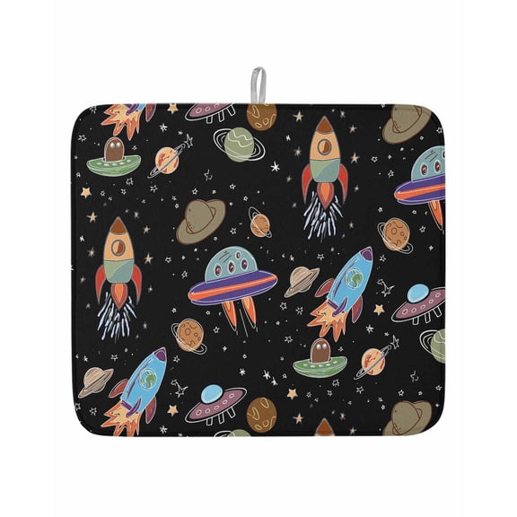 Cartoon Rocket Space Planet Dish Drying Mats for Kitchen Counter,Absorbent Microfiber Dish Drainer Rack Mat Cute Spaceship on Black Drying Pad for Sinks,Utensils,Countertops,16x18in