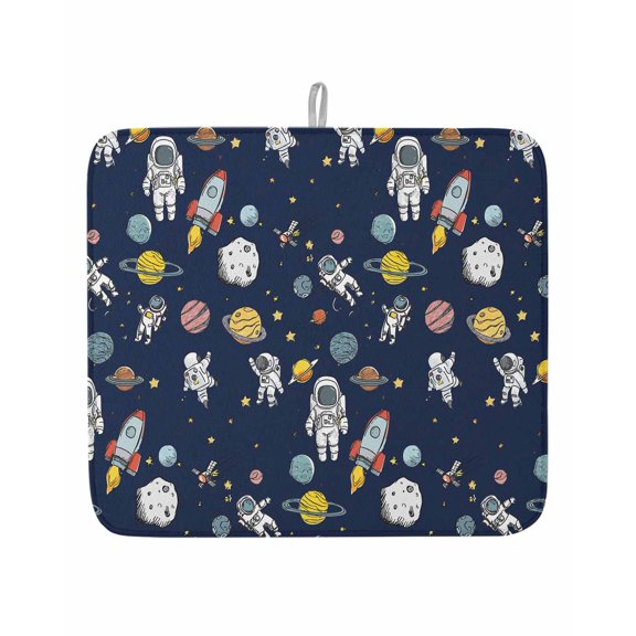 Cartoon Rocket Space Planet Dish Drying Mats for Kitchen Counter,Absorbent Microfiber Dish Drainer Rack Mat Mysterious Universe Navy Blue Drying Pad for Sinks,Utensils,Countertops,16x18in