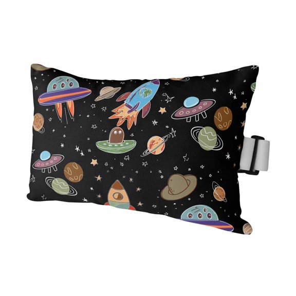 Cartoon Rocket Space Planet Outdoor Pillow for Chaise Lounge Chair,Cute Spaceship on Black Waterproof Headrest Lumbar Pillows with Insert&Elastic Strap for Patio Pool Garden Chairs Decor,1 Pack