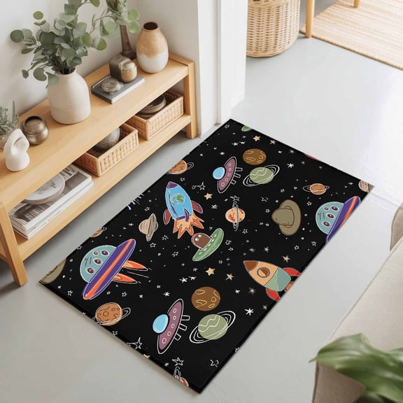Cartoon Rocket Space Planet Rectangle Rug 2'x3' Cute Spaceship on Black Washable Area Rugs for Living Room Bedroom Entryway Non Slip Entrance Door Mat Indoor Floor Carpet