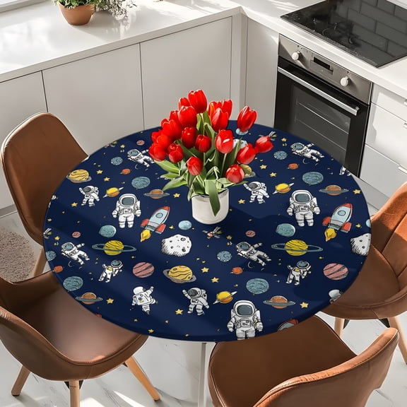 Cartoon Rocket Space Planet Round Fitted Tablecloth with Elastic Edge,Waterproof Table Cloth Fits Tables Up to 36"-44",Wipeable Table Cover for Indoor Outdoor Dinning,Mysterious Universe Navy Blue