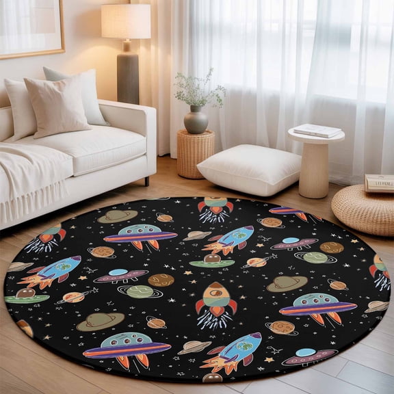 Cartoon Rocket Space Planet Round Rug 5ft Cute Spaceship on Black Washable Area Rugs for Living Room Bedroom Entryway Non Slip Entrance Door Mat Indoor Floor Carpet