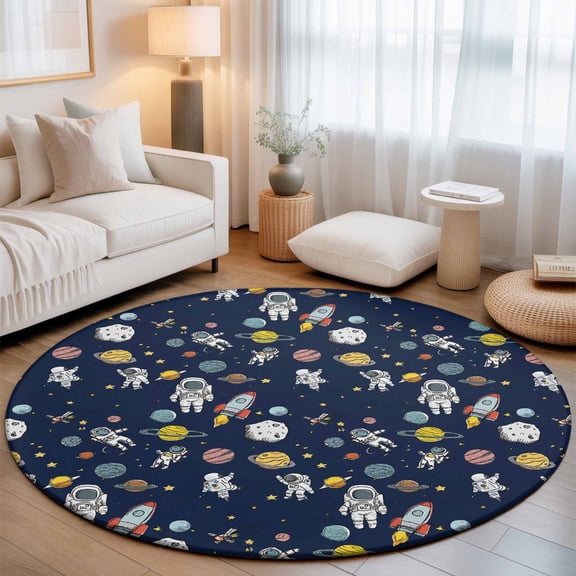 Cartoon Rocket Space Planet Round Rug 5ft Mysterious Universe Navy Blue Washable Area Rugs for Living Room Bedroom Entryway Non Slip Entrance Door Mat Indoor Floor Carpet