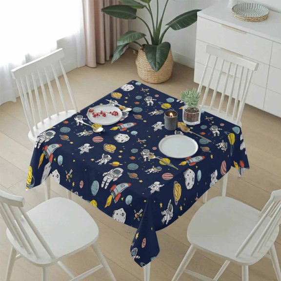 Cartoon Rocket Space Planet Table Cloth 54x54in, Waterproof Square Tablecloth Wipeable Tablecloths Mysterious Universe Navy Blue Table Covers for Dining Tables Party Indoor Outdoor