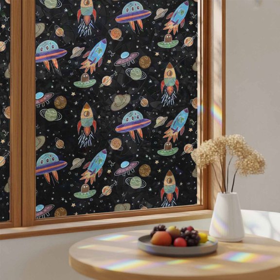 Cartoon Rocket Space Planet Window Privacy Film,Heat Control Sun Blocking Static Cling Rainbow Film,Cute Spaceship on Black Non-Adhesive Glass Sticker Door Window Tint,17.7" x 78.7"