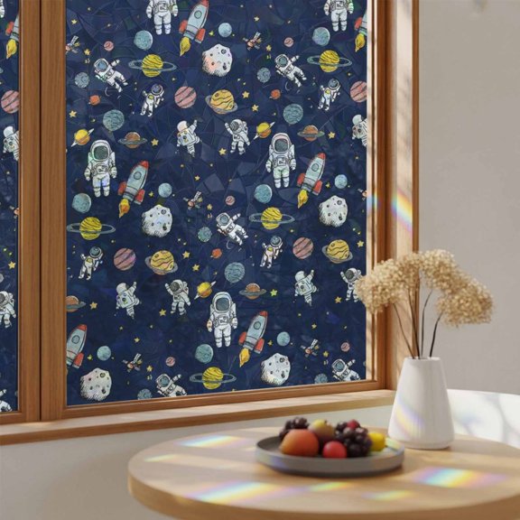 Cartoon Rocket Space Planet Window Privacy Film,Heat Control Sun Blocking Static Cling Rainbow Film,Mysterious Universe Navy Blue Non-Adhesive Glass Sticker Door Window Tint,19.6" x 39.3"